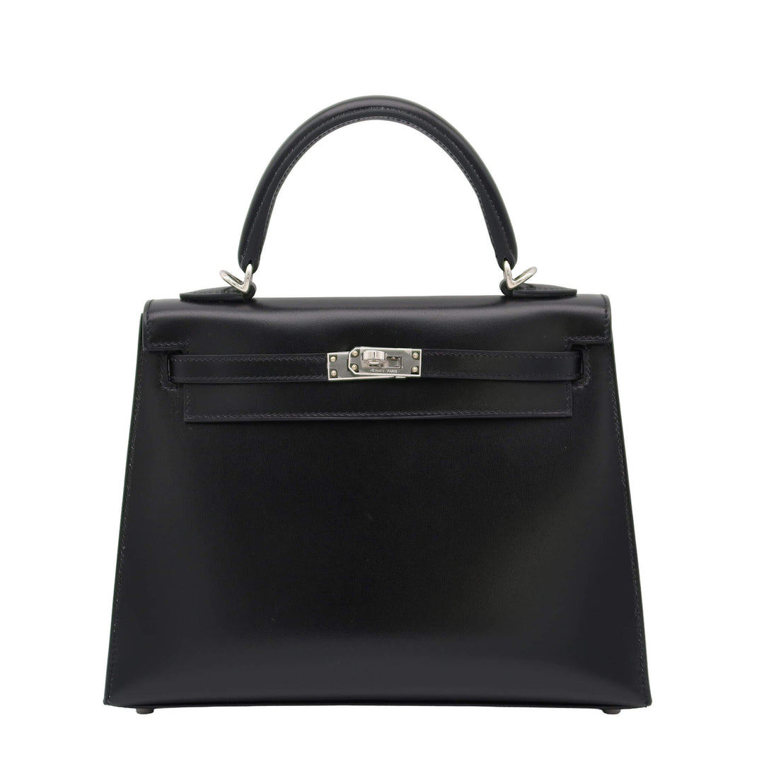 HERMES エルメス ケリー25 外 ブラック ボックスカーフ シルバー金具 K刻印