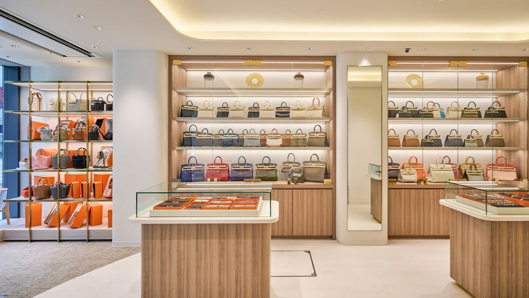 Interior view of Ginza Celia luxury boutique in Tokyo, featuring glass display cases filled with an extensive collection of authentic Hermès Birkin and Kelly bags in various colors and leathers.