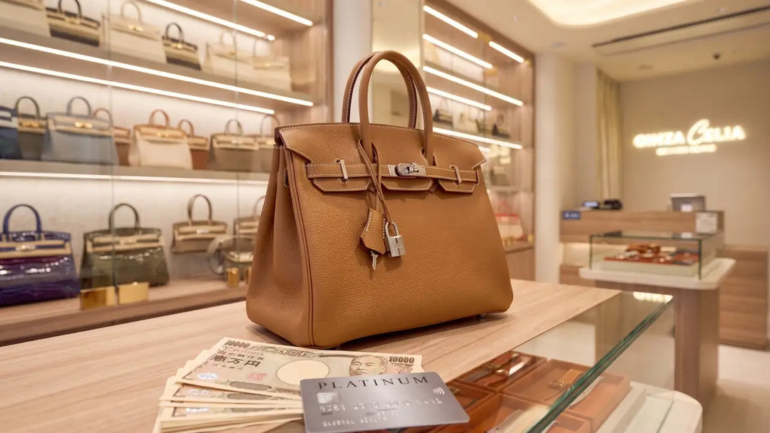 Hermès Birkin bag on a glass boutique counter alongside Japanese Yen banknotes and a platinum credit card, warm Ginza salon lighting