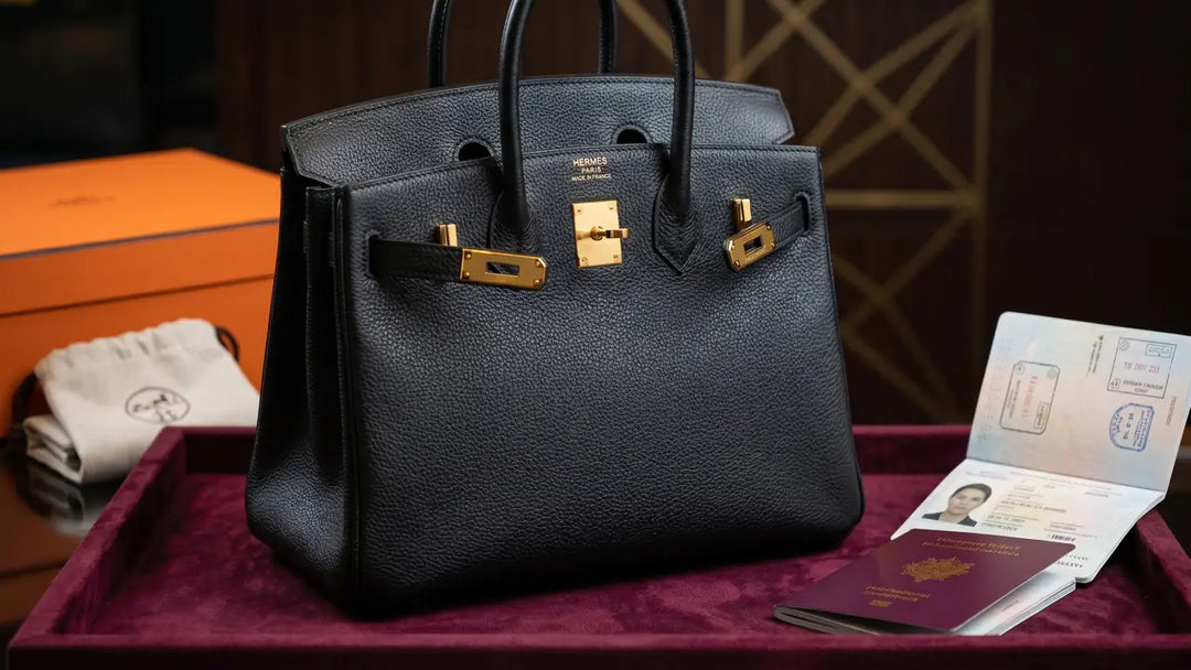 Unused Hermès Birkin in black Togo leather with gold hardware on a velvet display tray beside an open passport with entry stamps