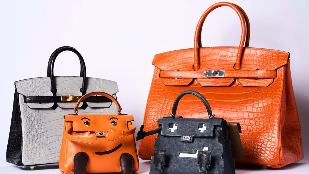 Rare Hermès collection: an Orange crocodile Birkin, a bi-color exotic Birkin, an Orange Kelly Doll, and a blue Kelly Doll Picto.