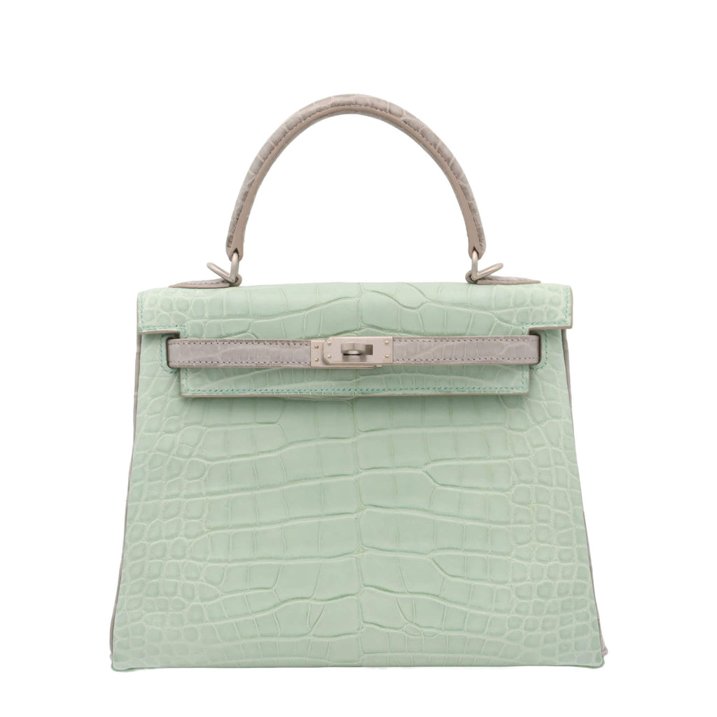HERMES Kelly 25 SPO Verdeux/Gris Perle Alligator Matte with