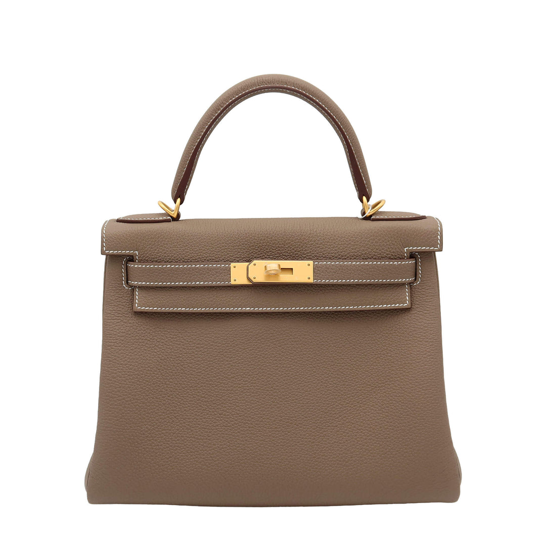 HERMES Kelly 25 Etoupe Togo Gold Hardware K Stamp - GINZA CELIA