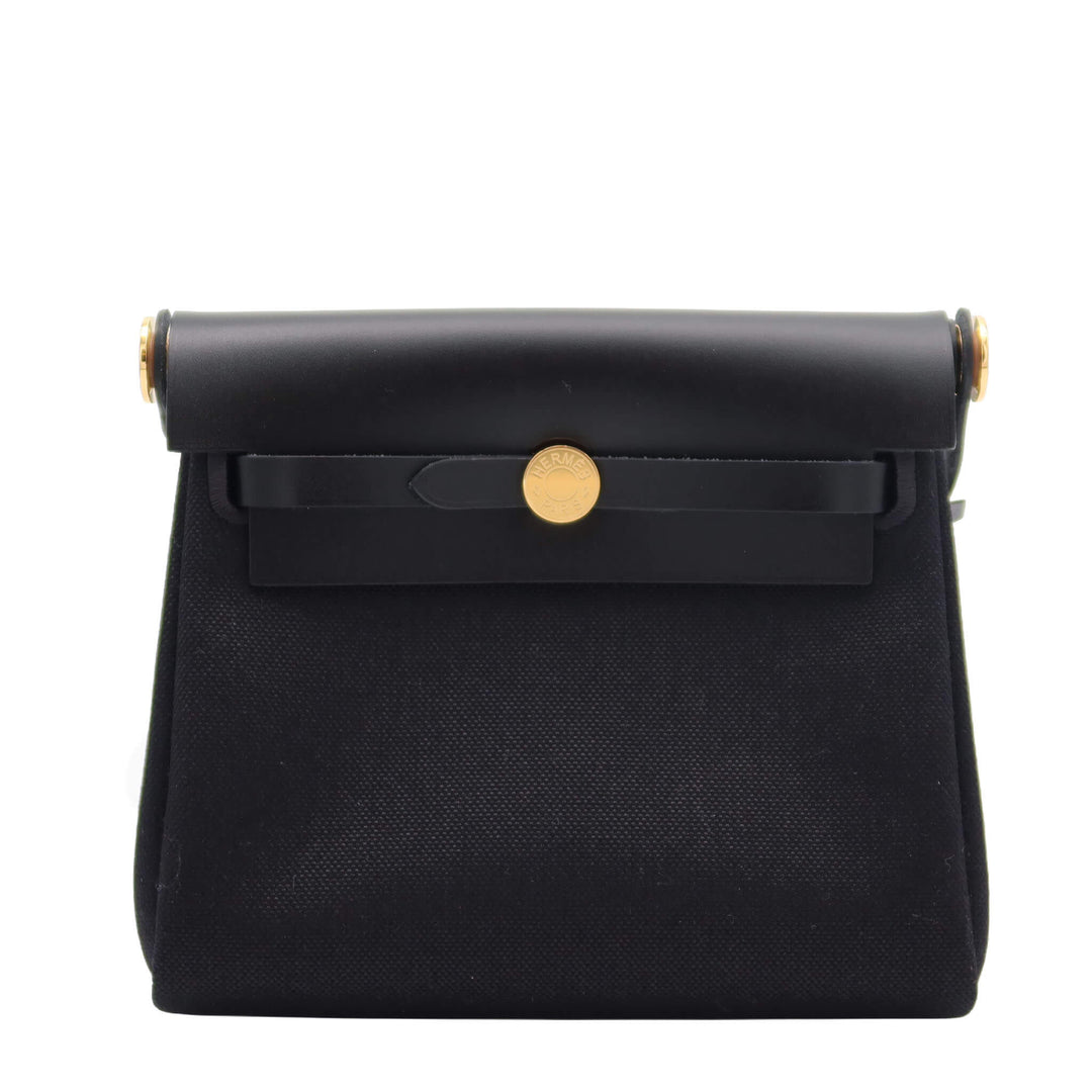HERMÈS Herbag Zip Mini Noir Toile/Vache Hunter Gold Hardware (GHW) Stamp G