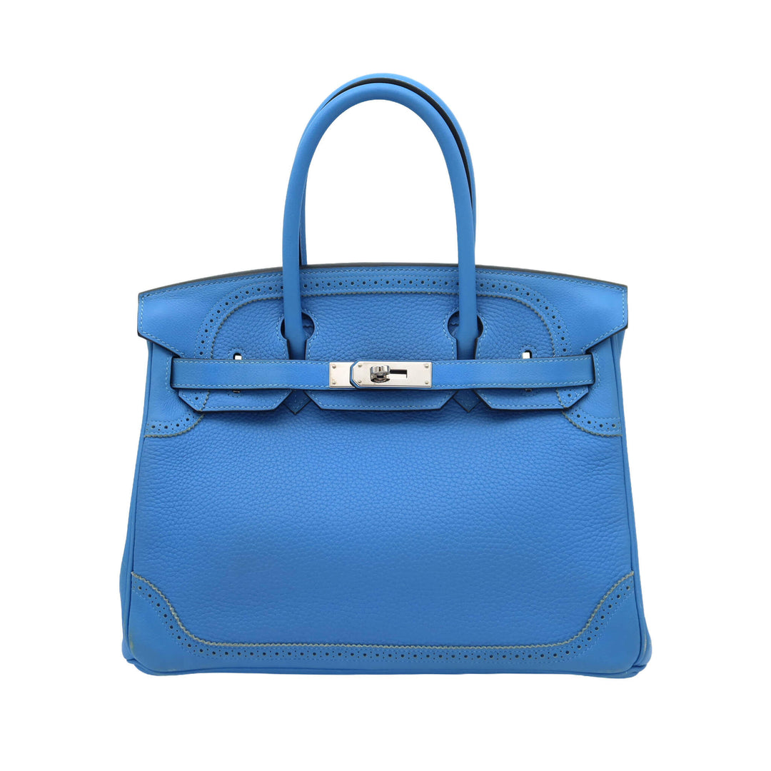 HERMÈS Birkin 30 Ghillies Bleu Paradis Clemence/Evercolor Palladium Hardware (PHW) Stamp A