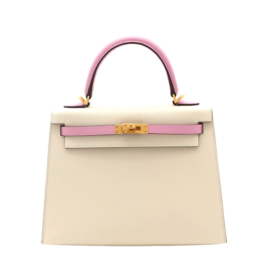 Kelly 25 SPO Craie/Mauve Sylvestre Epsom Brushed Gold Hardware Stamp U