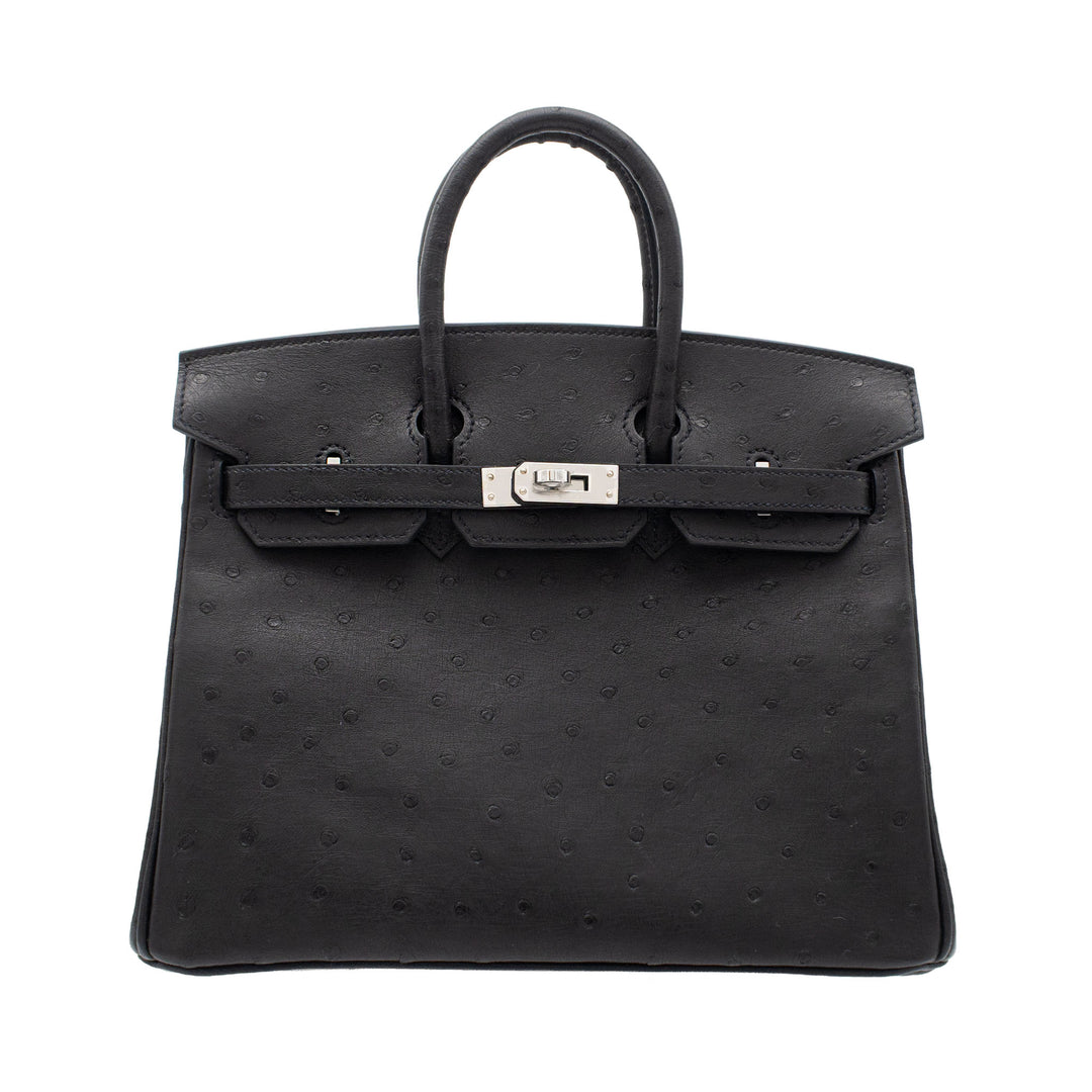 HERMÈS Birkin 25 Black Ostrich Palladium Hardware (PHW) Stamp G