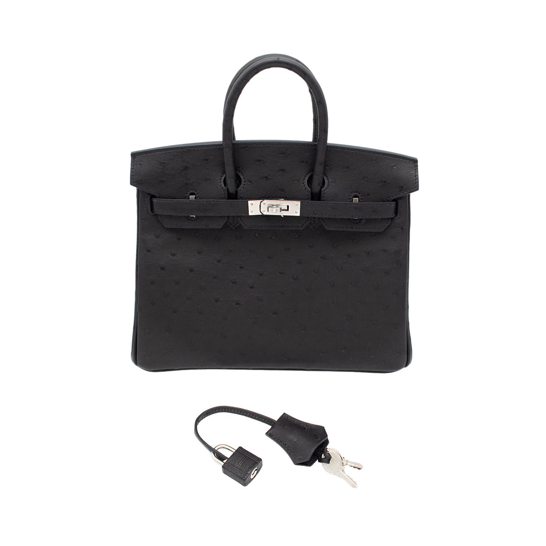 HERMÈS Birkin 25 Black Ostrich Palladium Hardware (PHW) Stamp G