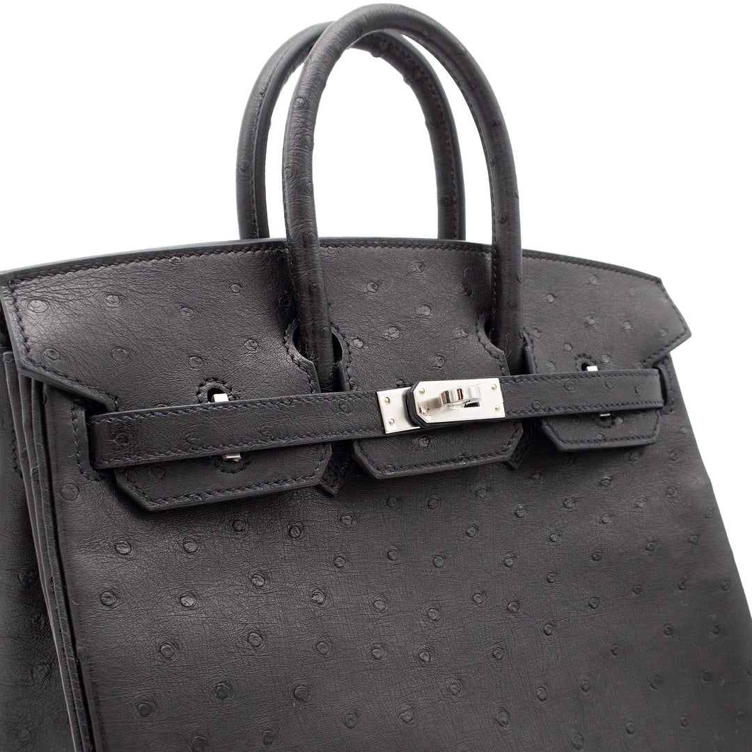 HERMÈS Birkin 25 Black Ostrich Palladium Hardware (PHW) Stamp G