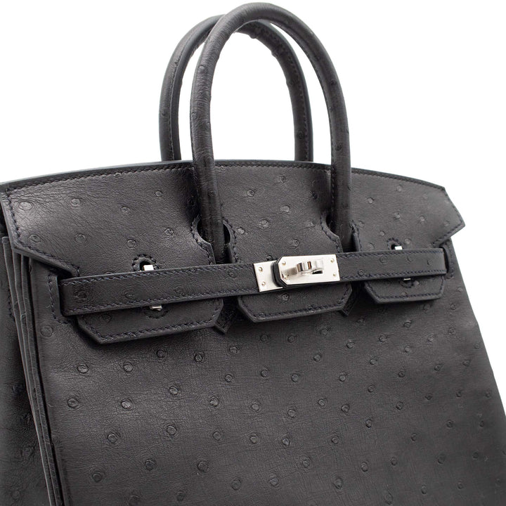HERMÈS Birkin 25 Black Ostrich Palladium Hardware (PHW) Stamp G