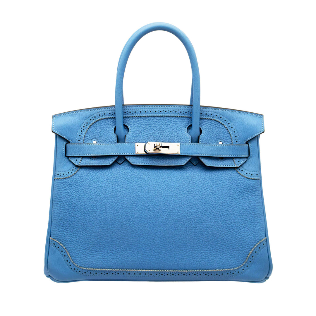 Hermès Birkin 30 Ghillies Bleu Paradis Clemence/Evercolor PHW Stempel A