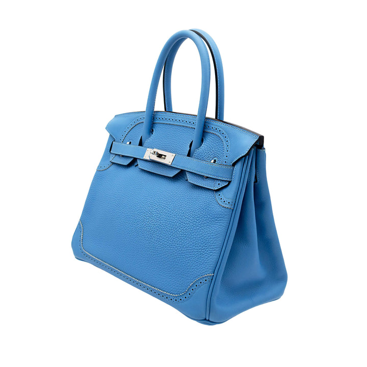 Hermès Birkin 30 Ghillies Bleu Paradis Clemence/Evercolor PHW Stempel A