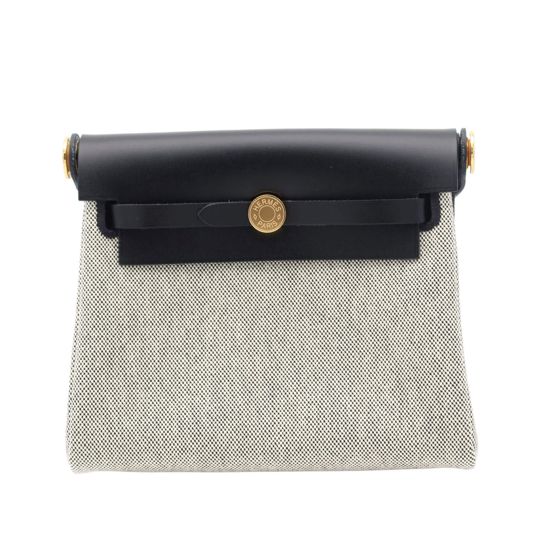 HERMES エルメスエールバッグ　ジップ　ミニ 　エクリュ/ブラック　トワルアッシュ/ヴァッシュハンター　ゴールド金具　Ｋ刻印