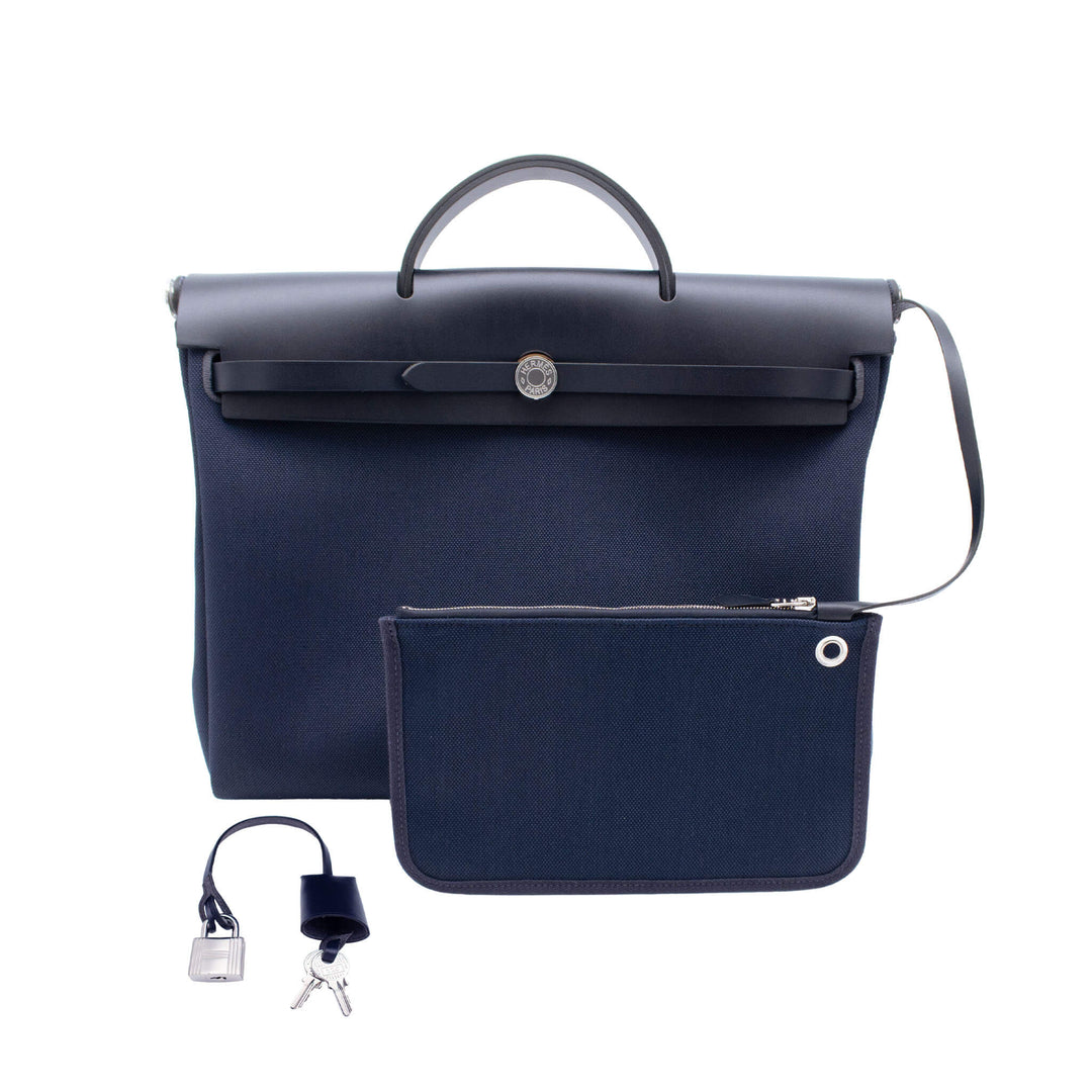 HERMES エルメス エールバッグ メッセンジャー 39 ブルーマリン/ブルーインディゴ トワル/ヴァッシュハンター シルバー金具 G刻印 - GINZA CELIA