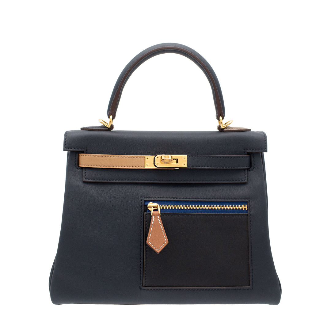 HERMÈS Kelly 25 Colormatic Bleu Nuit/Bleu Marine/Black/Etoupe/Chai/Gold Swift GHW Stamp U