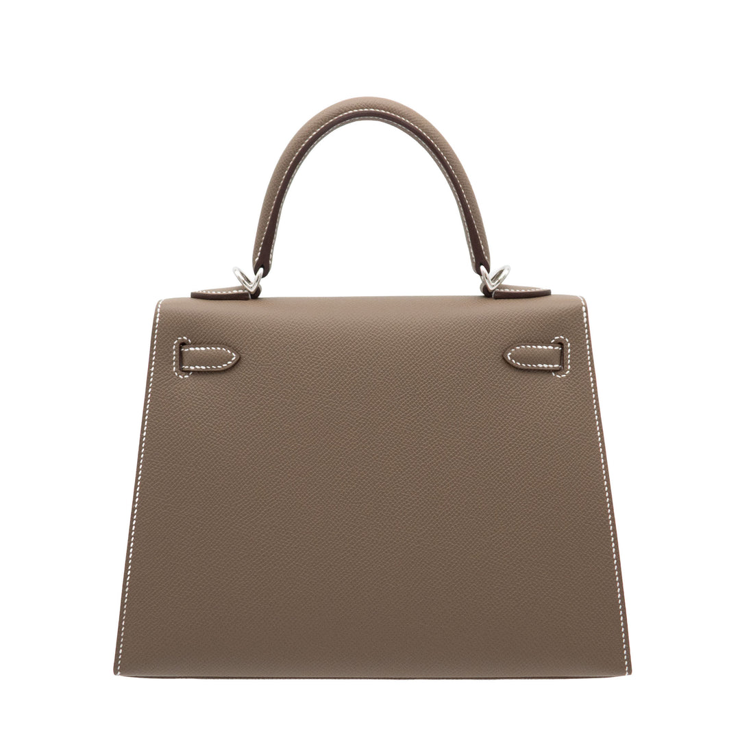HERMÈS Kelly 25 Sellier Etoupe Epsom Palladium Hardware (PHW) Stamp G