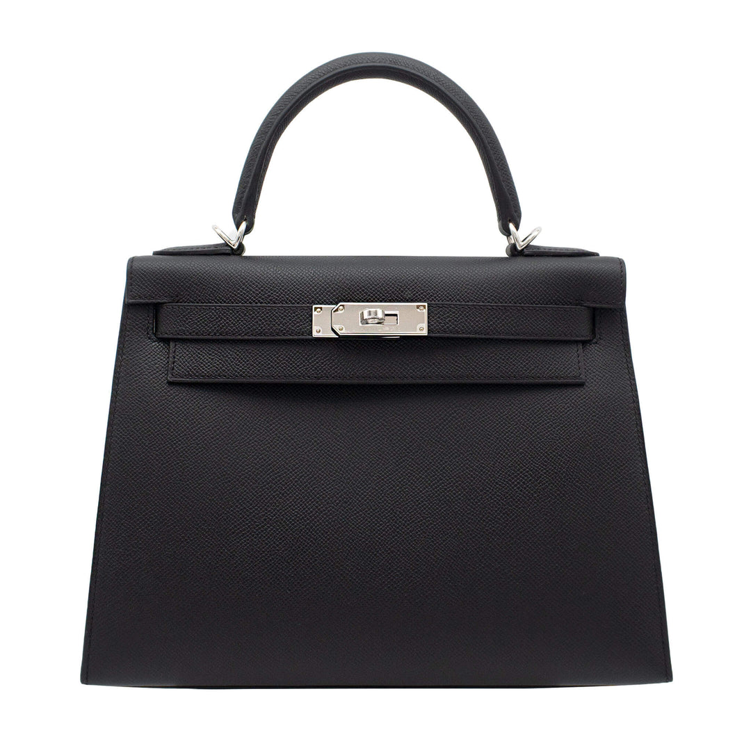 HERMÈS Kelly 28 Sellier Black Epsom Palladium Hardware (PHW) Stamp G