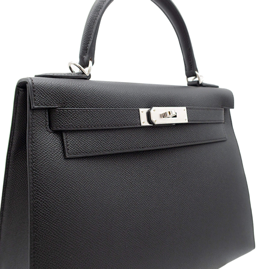 HERMÈS Kelly 28 Sellier Black Epsom Palladium Hardware (PHW) Stamp G