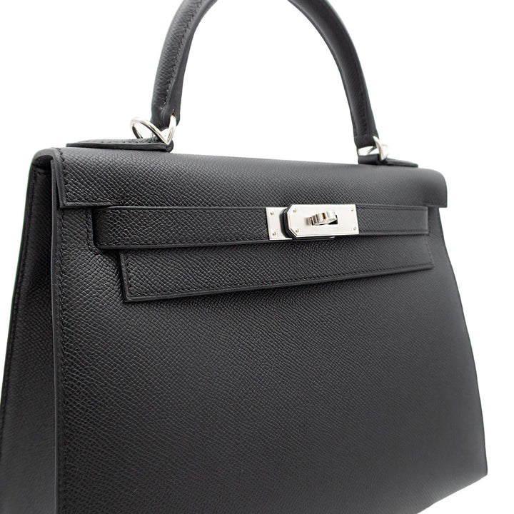 HERMÈS Kelly 28 Sellier Black Epsom Palladium Hardware (PHW) Stamp G