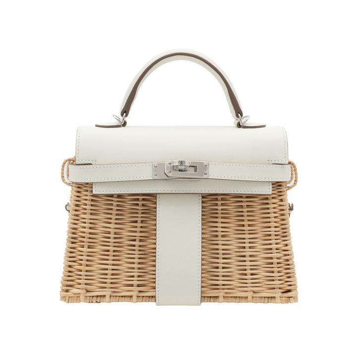 HERMÈS Kelly Picnic Mini Naturel/Mushroom Wicker/Swift Palladium Hardware (PHW) Stamp B