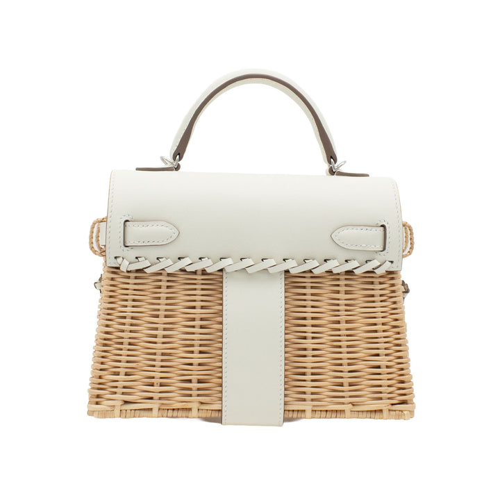 HERMÈS Kelly Picnic Mini Naturel/Mushroom Wicker/Swift Palladium Hardware (PHW) Stamp B