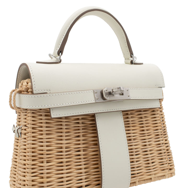 HERMÈS Kelly Picnic Mini Naturel/Mushroom Wicker/Swift Palladium Hardware (PHW) Stamp B