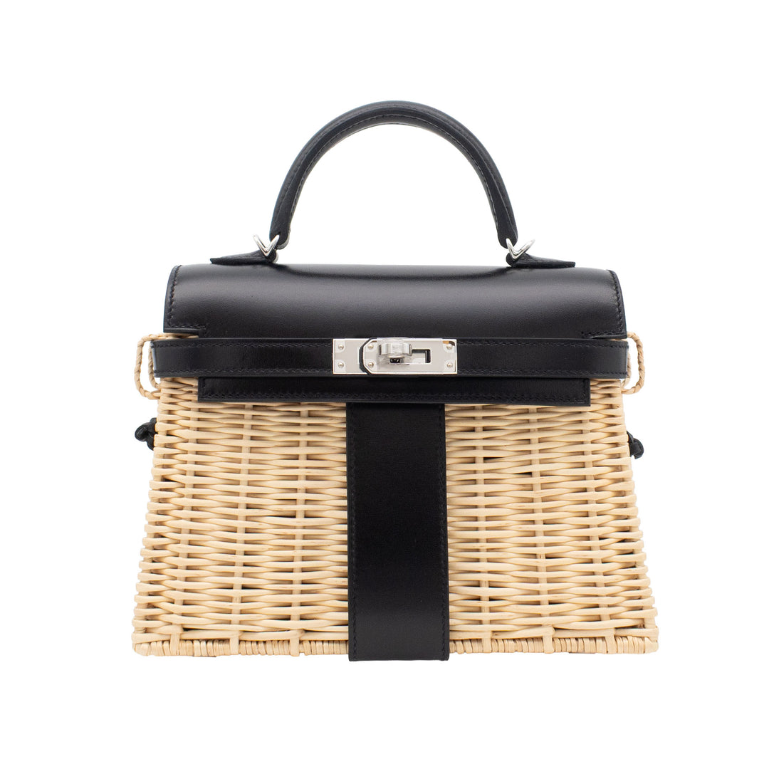HERMÈS Kelly Picnic Mini Natural/Black Wicker/Box Calf PHW Stamp K