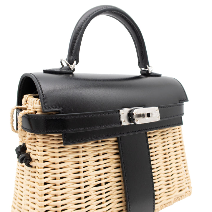 HERMÈS Kelly Picnic Mini Natural/Black Wicker/Box Calf PHW Stamp K