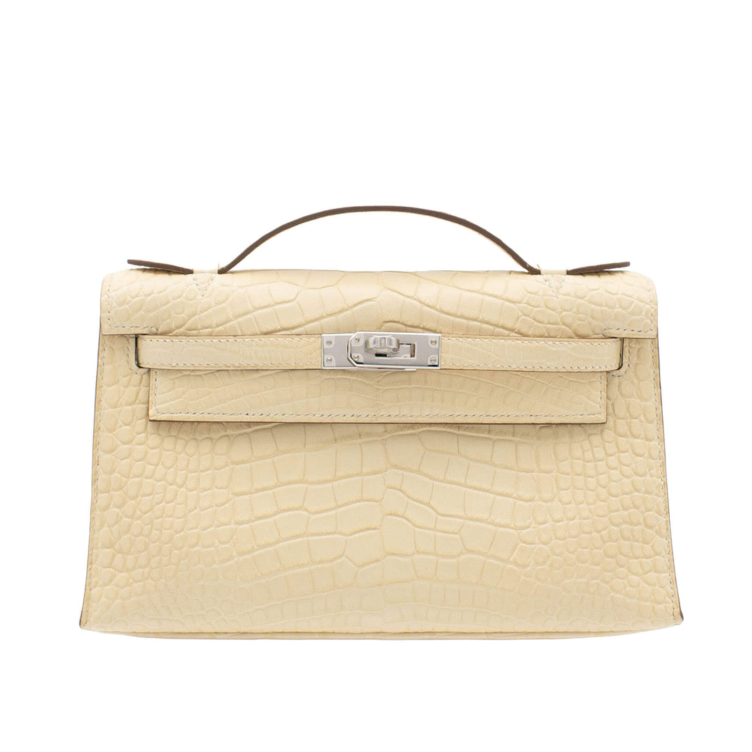 HERMÈS Kelly Pochette Vanille Alligator Matte Palladium Hardware (PHW) Stamp K