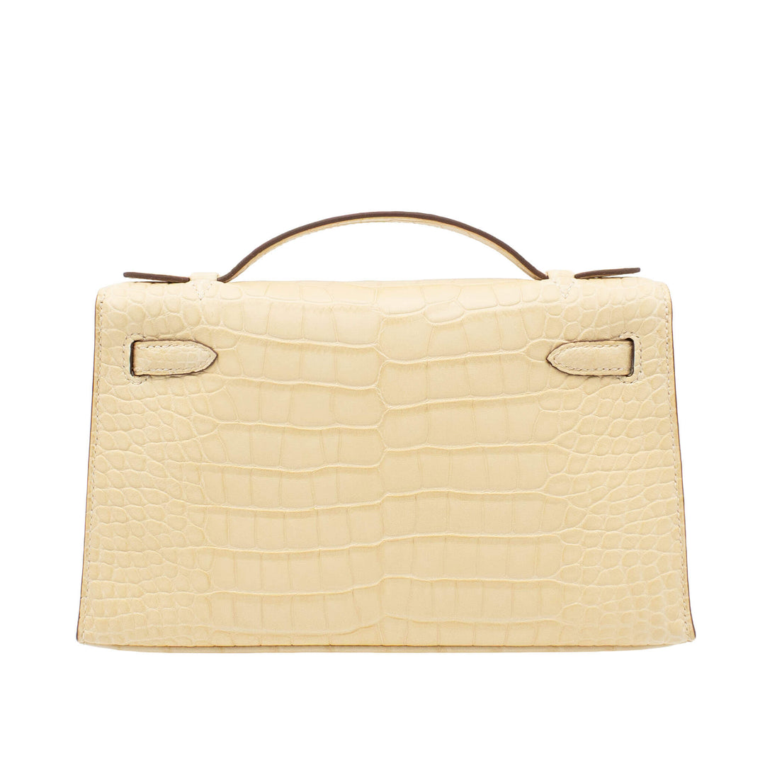 HERMÈS Kelly Pochette Vanille Alligator Matte Palladium Hardware (PHW) Stamp K
