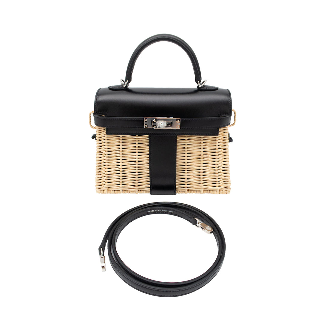 HERMES エルメス ケリーピクニック ミニ ナチュラル/ブラック 柳/ボックスカーフ シルバー金具 K刻印 - GINZA CELIA