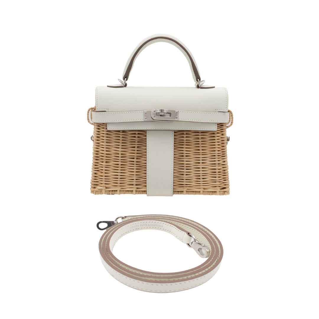 HERMÈS Kelly Picnic Mini Naturel/Mushroom Wicker/Swift Palladium Hardware (PHW) Stamp B