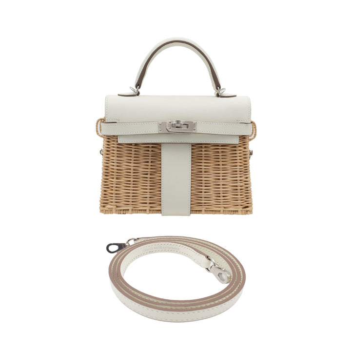 HERMÈS Kelly Picnic Mini Naturel/Mushroom Wicker/Swift Palladium Hardware (PHW) Stamp B
