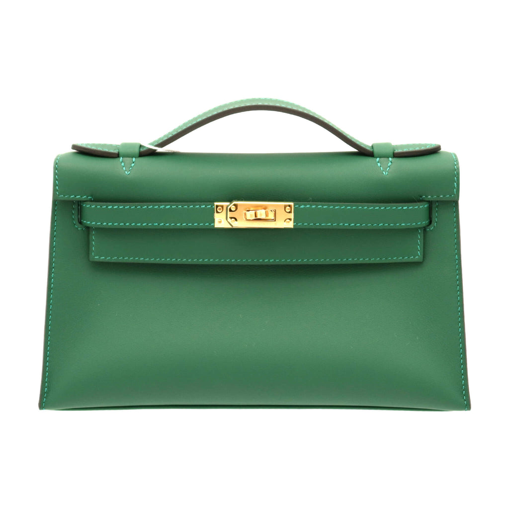 HERMES 使用感有り HERMES Kelly Pochette Vert Moyen Swift Gold Hardware StampW