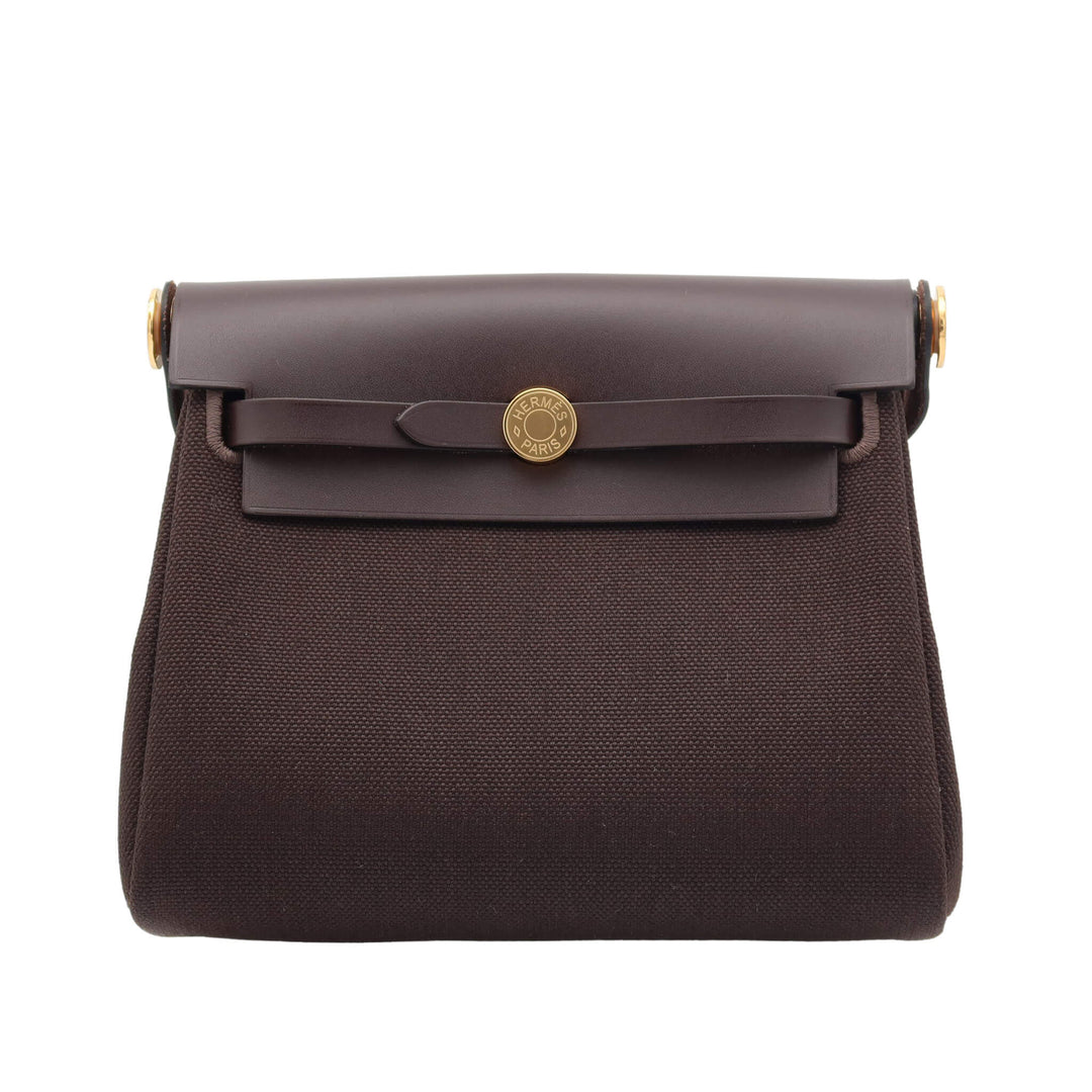 HERMES Herbag Zip Mini Ebene Vache Hunter Twill Gold Hardware K Stamp - GINZA CELIA