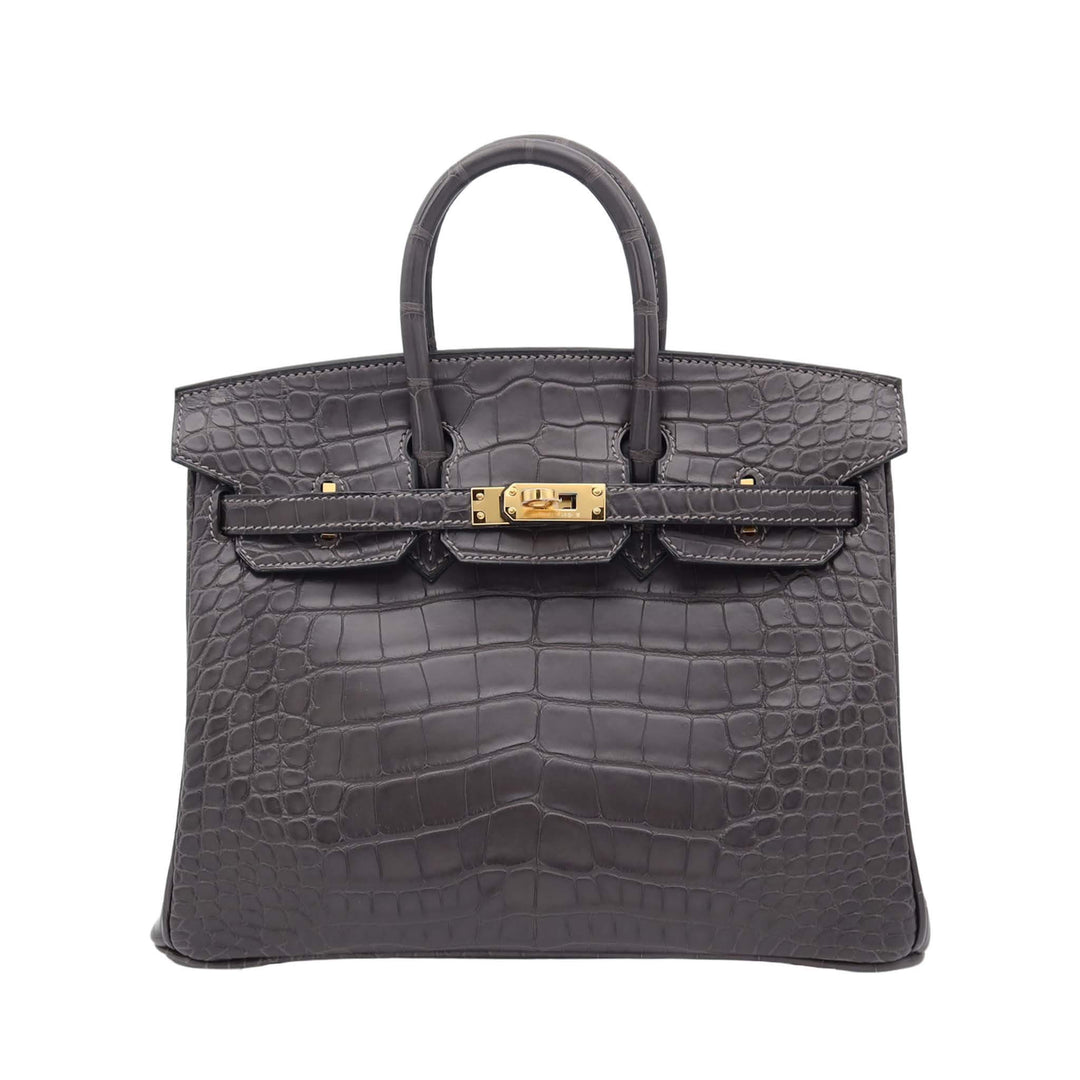 HERMES Birkin 25  Graphite  Alligator Matte Gold Hardware K Stamp