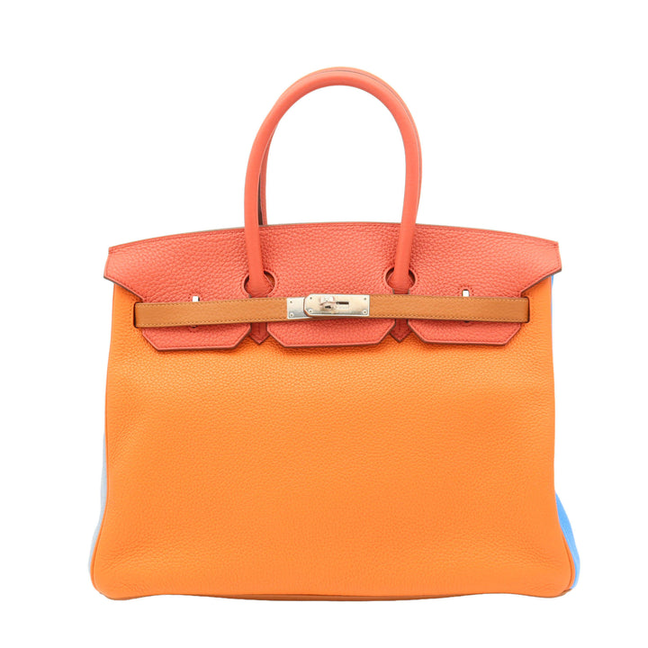 HERMES Birkin 35  Orange Sanguine  Blue Lune  Blue Idra  Etan Taurillon Clemence  Palladium  Hardware □P Stamp - GINZA CELIA