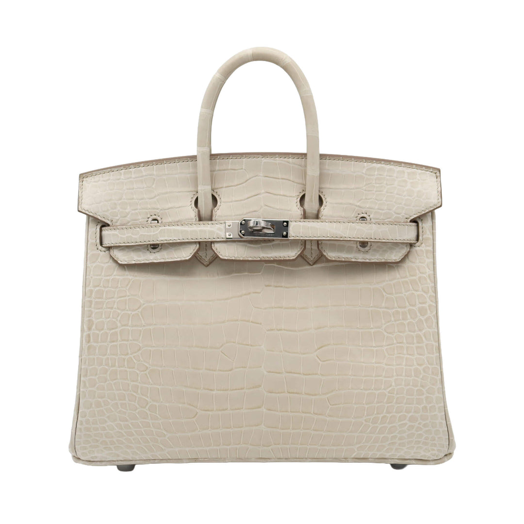 HERMES. Birkin 25   Beton Matte Porosus Palladium  Hardware W Stamp - GINZA CELIA