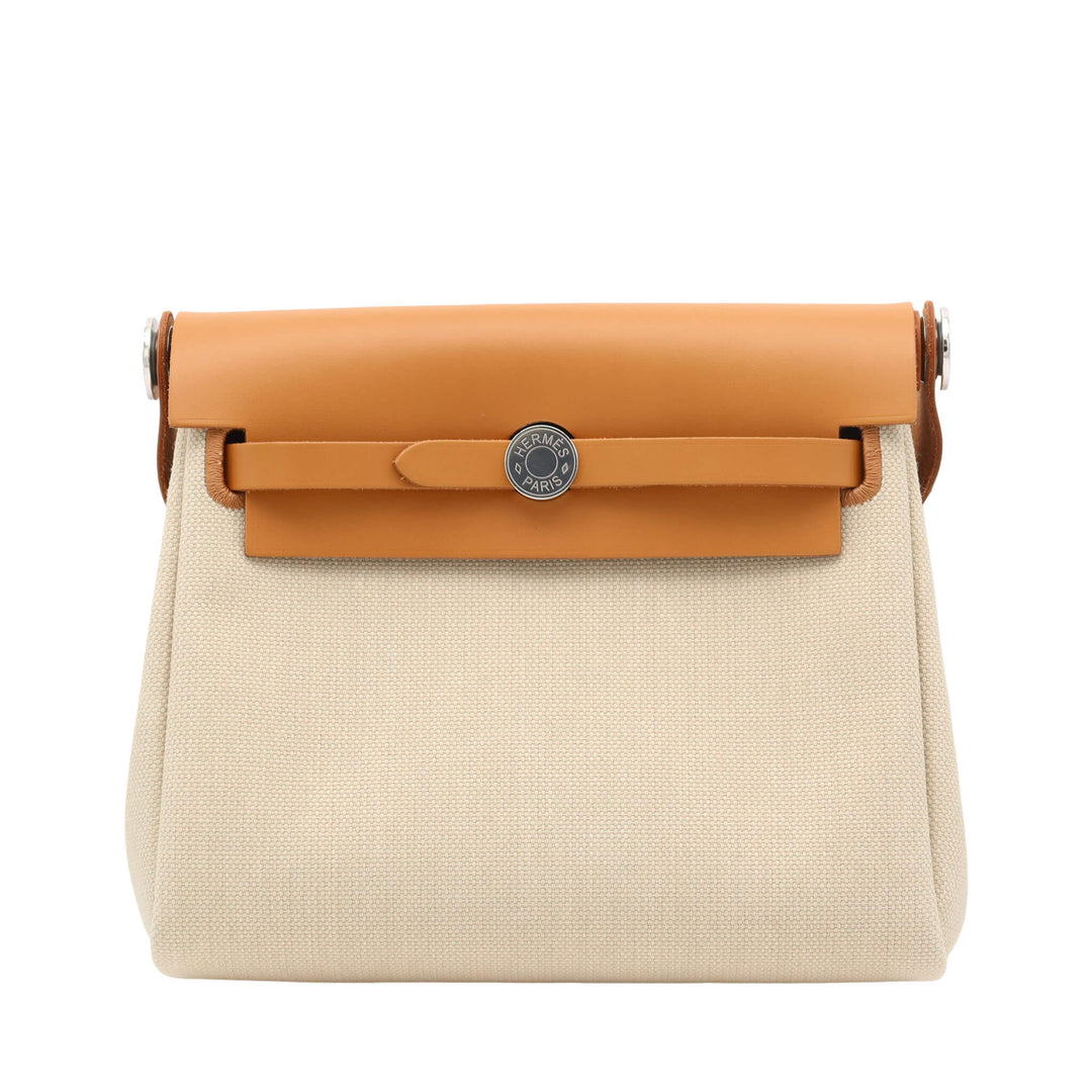 HERMES Herbag Zip Mini Fauve Natural Vache Hunter Twill Military Palladium  Hardware K Stamp GINZA CELIA