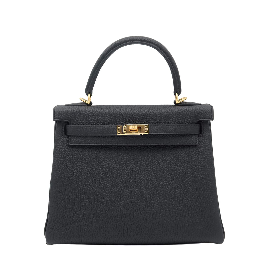 HERMES Kelly 25 Black Togo Gold Hardware K Engraved