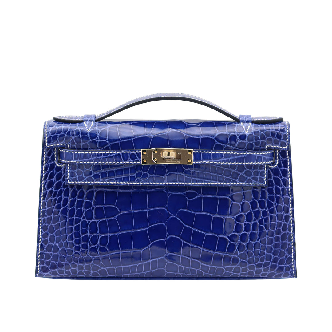 HERMES Pochette Kelly SPO  Blue Electric Nata Alligator Shine Gold Hardware K Stamp - GINZA CELIA