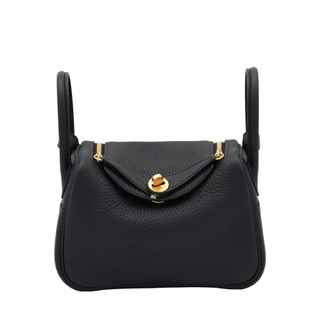 HERMES Lindy Mini  Black Taurillion Clemence  Gold  Hardware  W Stamp - GINZA CELIA