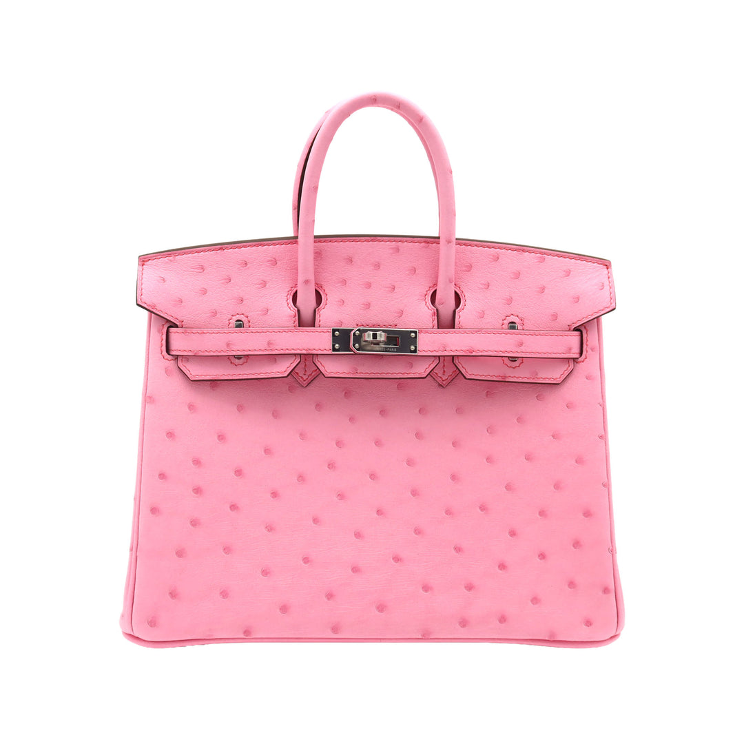 HERMES 愛馬仕 Birkin 25 玫瑰泡泡糖色 鴕鳥皮 銀扣 K刻