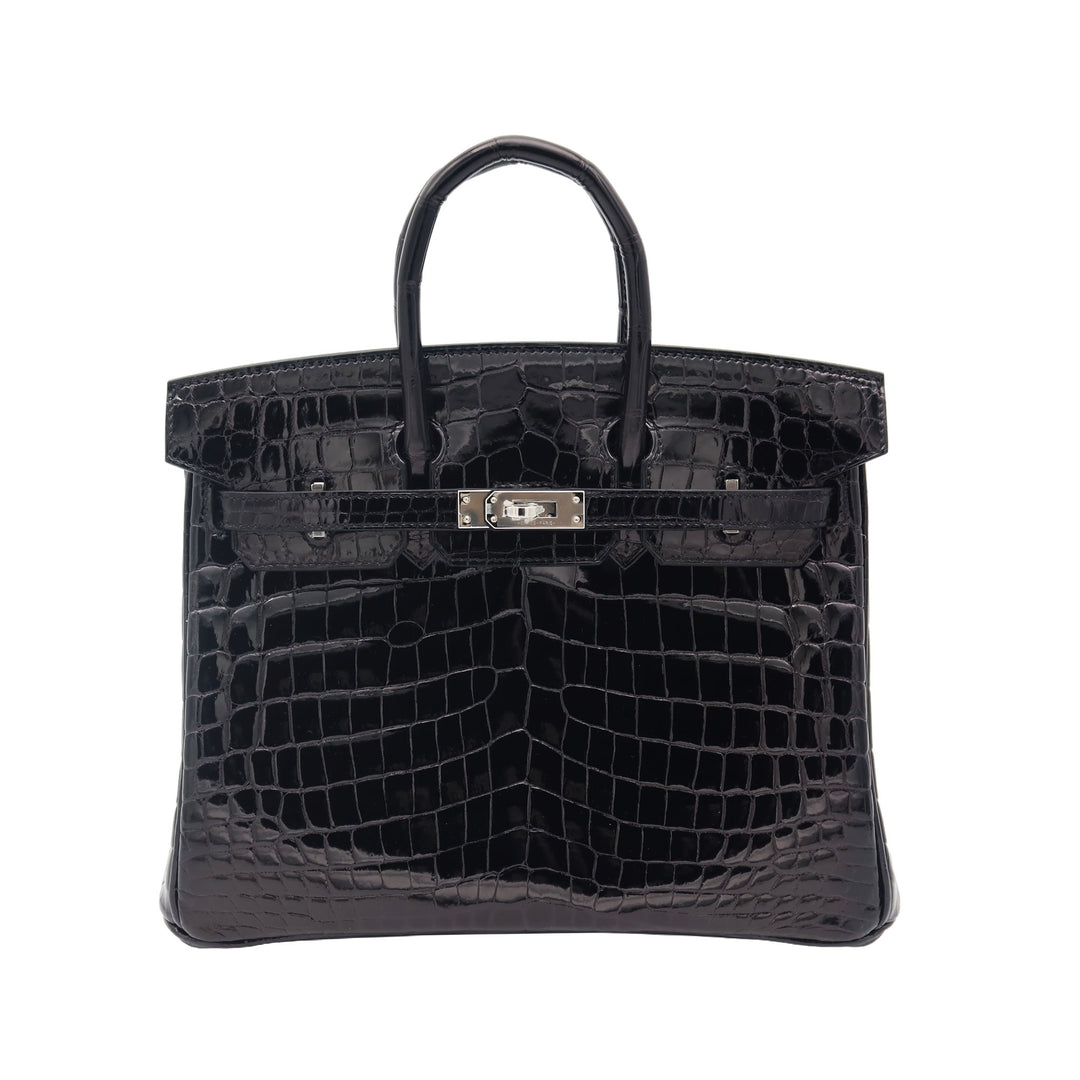 HERMES 愛馬仕 Birkin 25 黑色 亮面尼羅鰐魚皮 銀扣 K刻