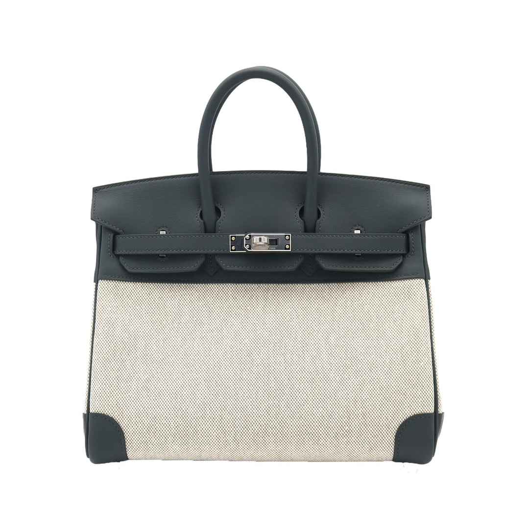 HERMES 愛馬仕 Birkin 25 Q0沼澤綠 帆布 Swift皮 銀扣 K刻