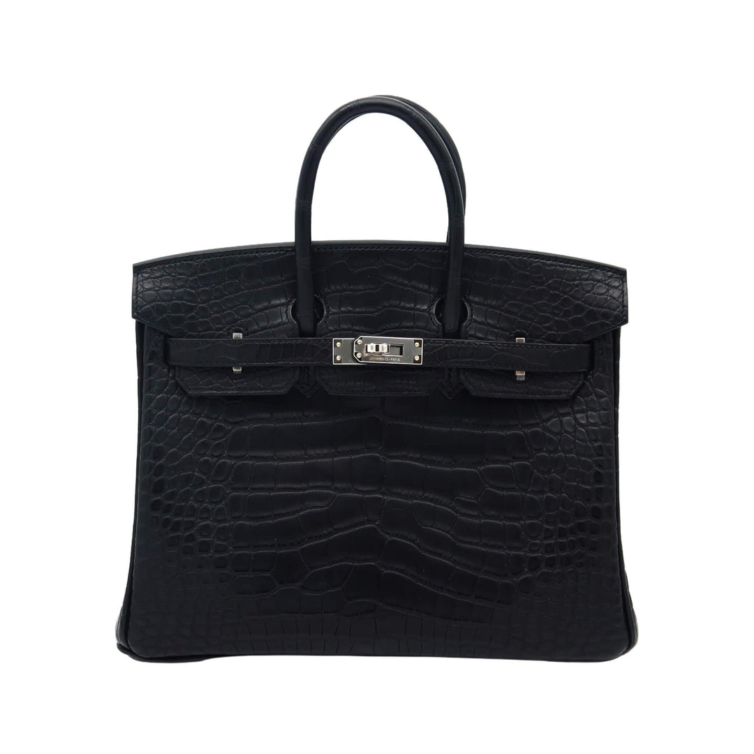 HERMES 愛馬仕 Birkin 25 黑色 霧面短吻鰐魚皮 銀扣 K刻