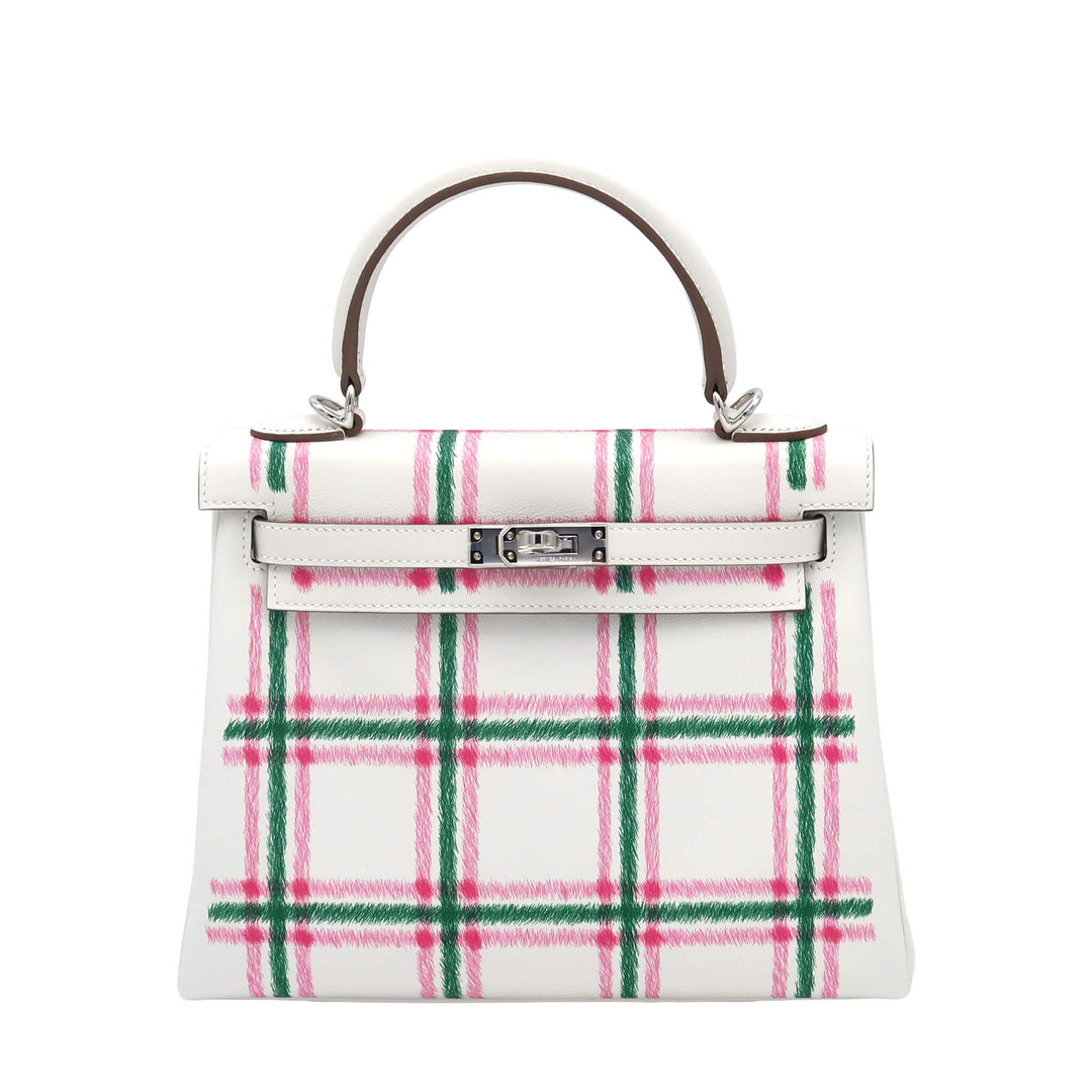 HERMES 愛馬仕 Kelly Tartan 奶灰色M4 泡泡糖色 寶石綠65 Swift皮 銀扣 K刻