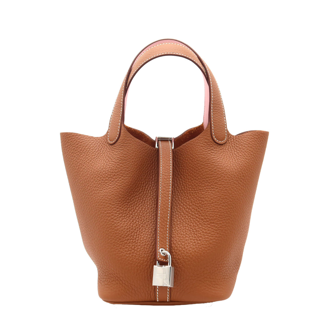 HERMES 愛馬仕 菜篮子18 金棕色 3Q櫻花粉 TC皮 Swift皮 銀扣 K刻