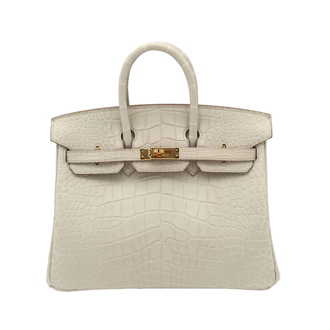 HERMES 艾美 Birkin 25 冰川白8L 霧面短吻鰐魚皮 金扣 B刻
