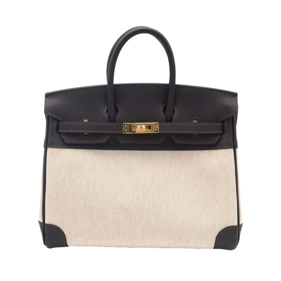 HERMES 愛馬仕 Birkin 25 Ecru色 蜜棗棕/新巧克力 Toile H 帆布 Swift皮 金扣 K刻